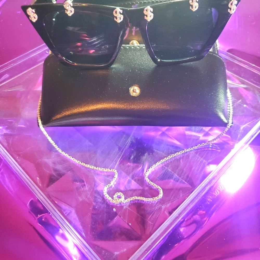 💵💰NEW Black & Silver MONEY/BOSS Sunglasses w/ Silver Chain & Sunglasses Case